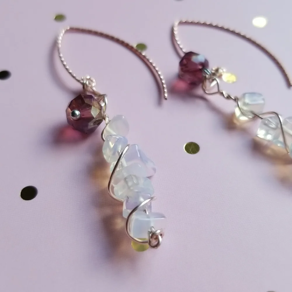 Handmade Earrings - Moonstone Chips & Dark Lilac Crystal Rondelle - EUC - Picture 2 of 7